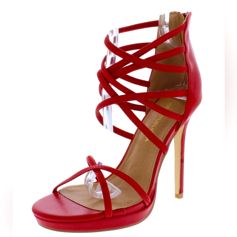 Red Vegan Leather Strappy Lace Up High Heel Sandals